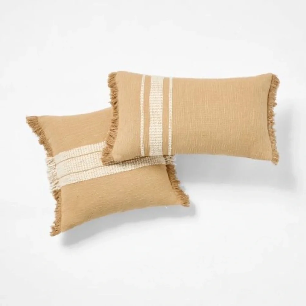 Woven Striped Square Throw Pillow Neutral/Cream: Fringed Trim Studio McGee